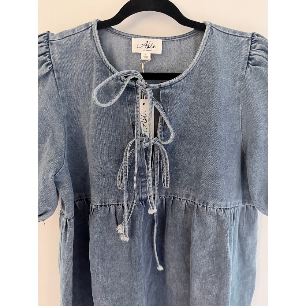 NWT ABLE Tie-Front Denim Babydoll Puff Sleeve Mini Dress-Size L - Picture 3 of 7